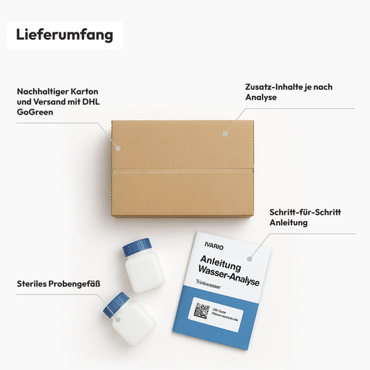 Lieferumfang IVARIO Wasseranalyse: Versandkarton, Anleitung, Probengefäße