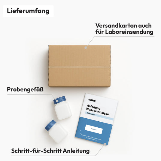 Wasseranalyse PLUS von IVARIO Lieferumfang - Versandkarton, Anleitung, Probegefäße.