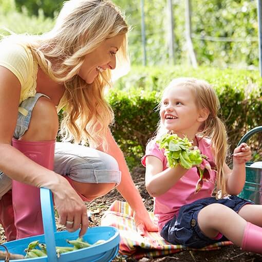 Mutter und Kind ernten Gemüse