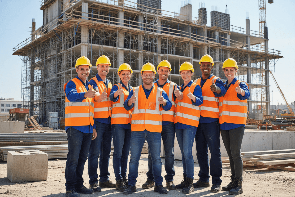 Handwerker auf Baustellen mit Daumen hoch