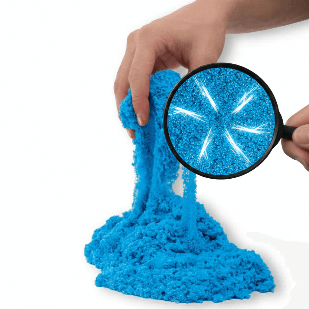 Blauer Kinetiksand (Magic Sand) wird mit einer Lupe untersucht.  